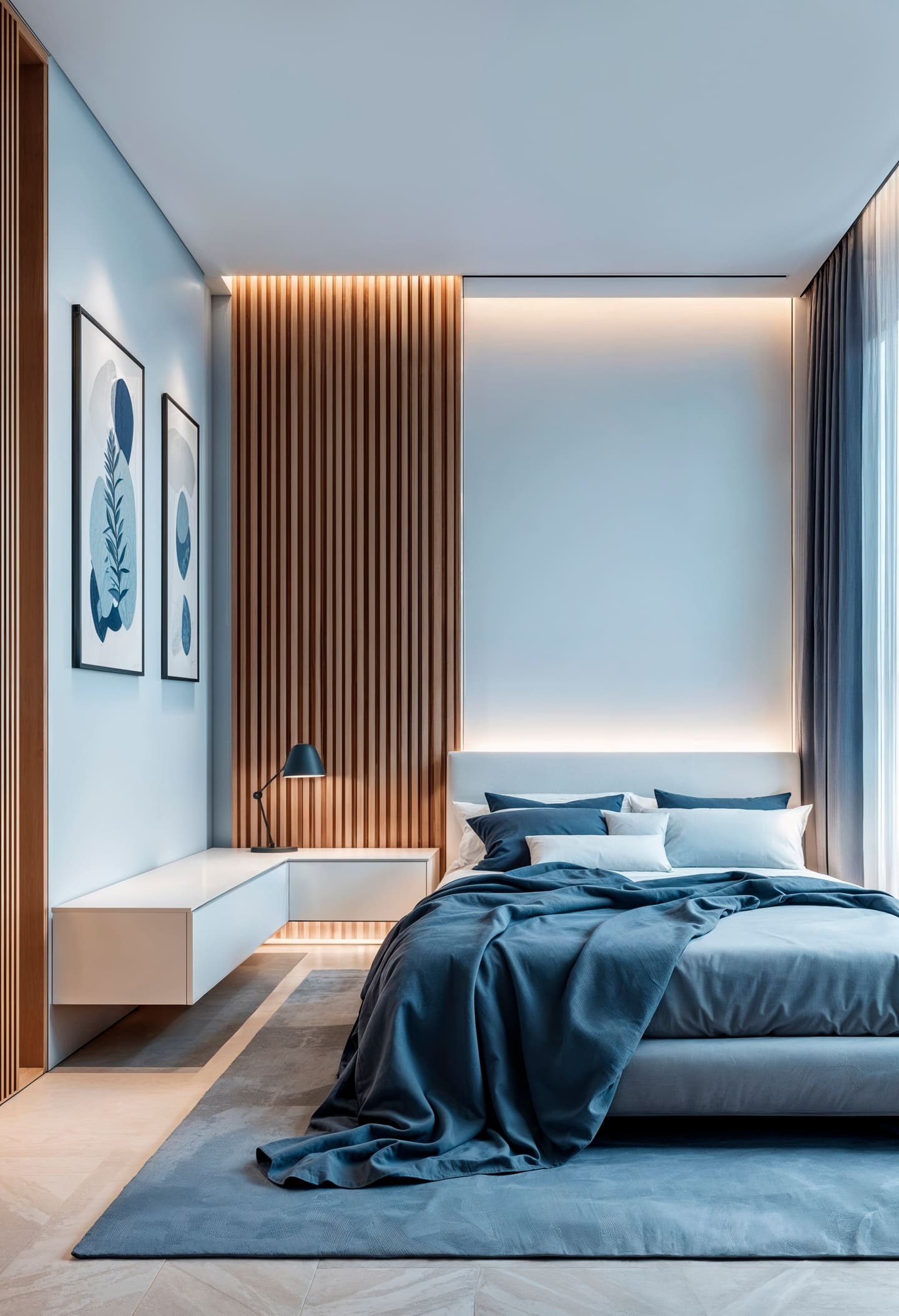 A bedroom with a walnut slat headboard wall, concealed cove lighting and blue linen
