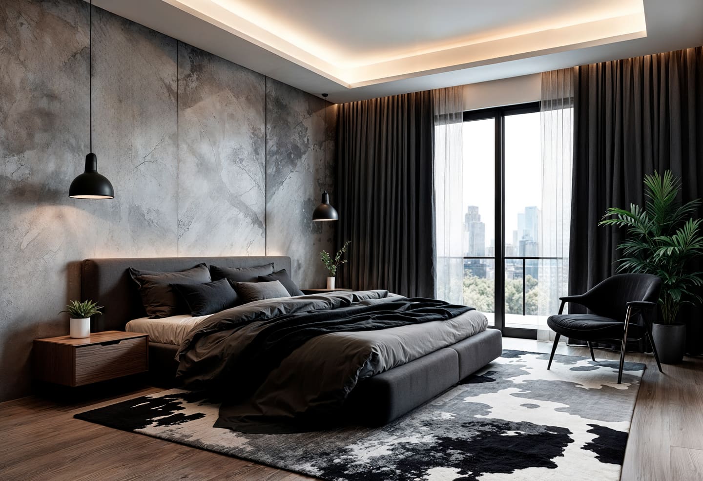 A bedroom with a textured concrete feature wall, charcoal bedding and a city view