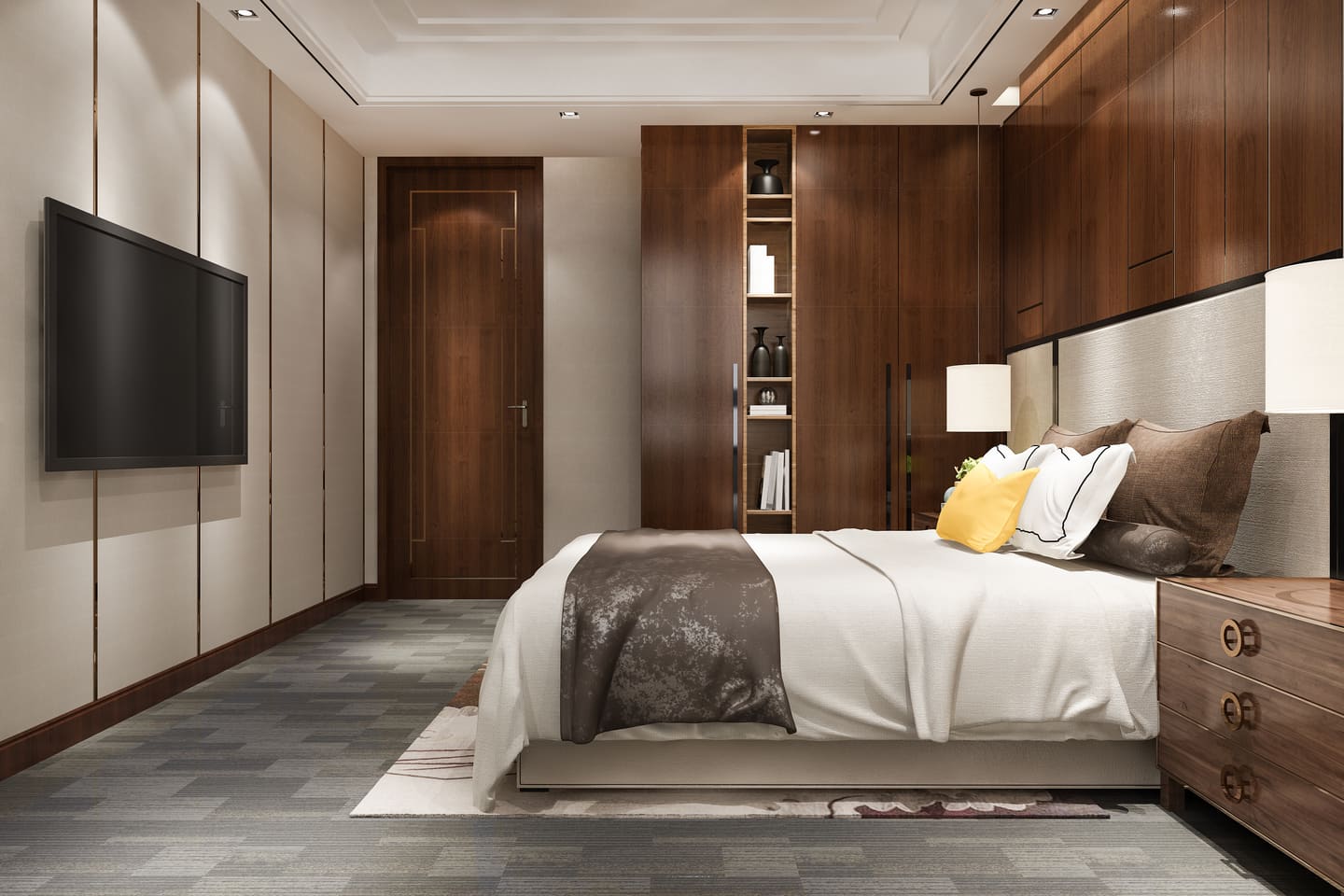 A bedroom with full-height walnut wardrobes and a wall-mounted television