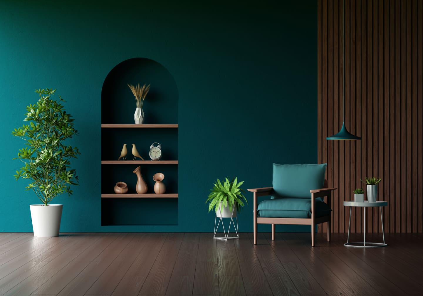 A living room with a deep teal feature wall, an arched display niche and walnut slat panelling